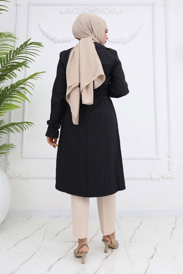 Vêtements hijab NOIR TRENCH-COAT À RAYURES AVEC CEINTURE T 64616 - TRENDTESETTÜR