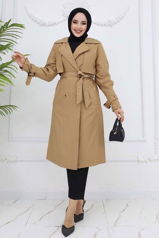 Vêtements hijab BRUN TRENCH-COAT À RAYURES AVEC CEINTURE T 64616 - TRENDTESETTÜR