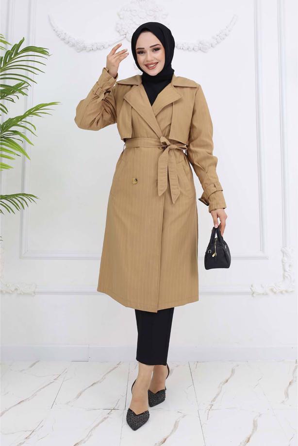 Vêtements hijab BRUN TRENCH-COAT À RAYURES AVEC CEINTURE T 64616 - TRENDTESETTÜR