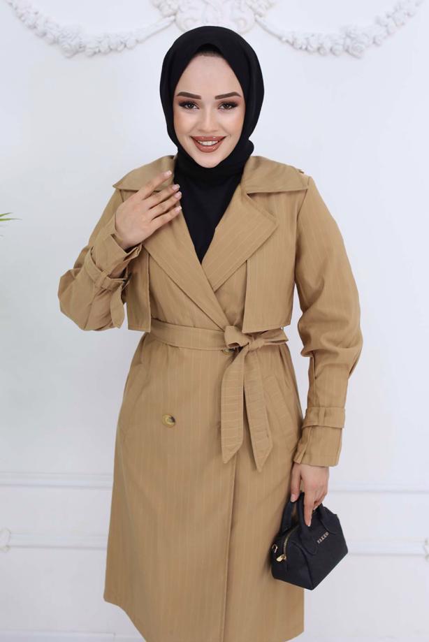 Vêtements hijab BRUN TRENCH-COAT À RAYURES AVEC CEINTURE T 64616 - TRENDTESETTÜR