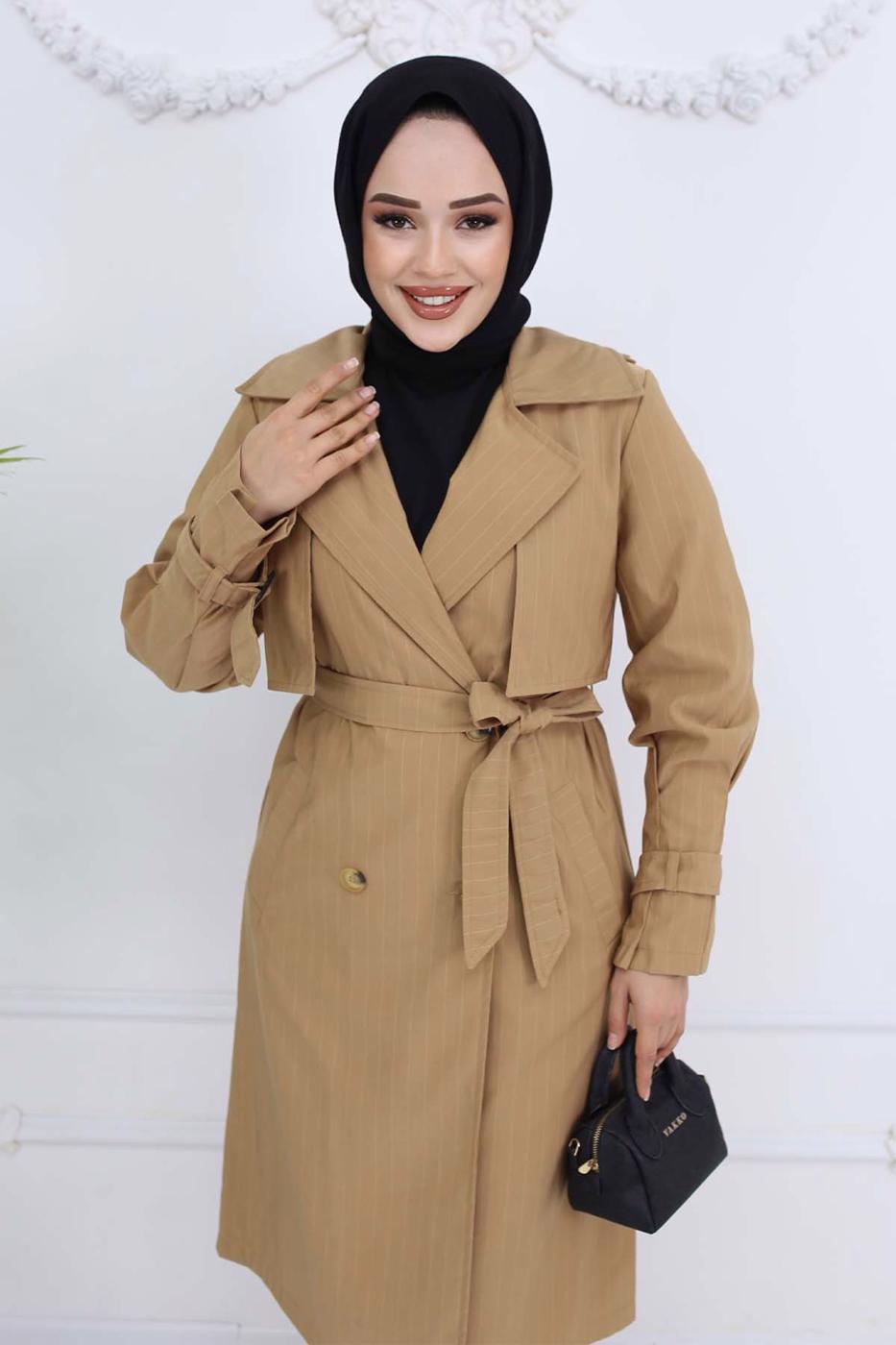 Vêtements hijab BRUN TRENCH-COAT À RAYURES AVEC CEINTURE T 64616