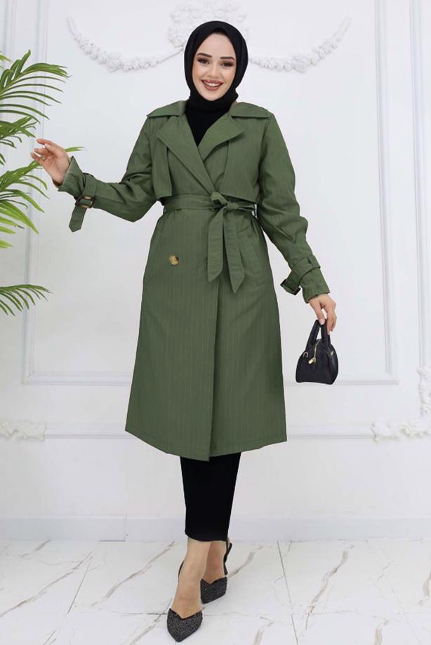 Vêtements hijab KAKI TRENCH-COAT À RAYURES AVEC CEINTURE T 64616 - TRENDTESETTÜR