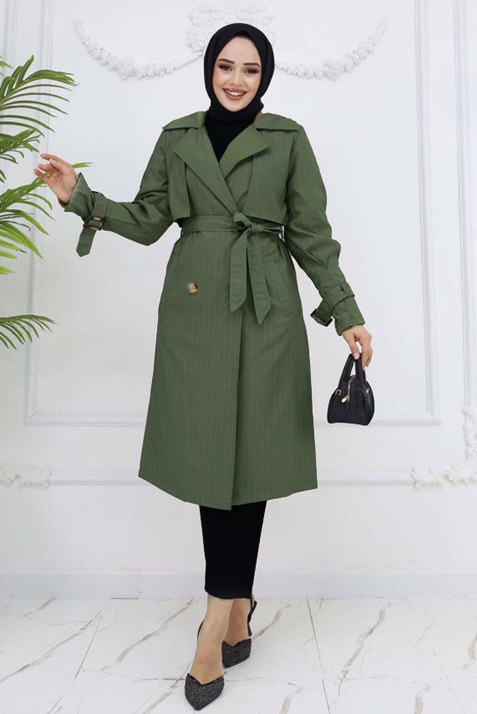 Vêtements hijab KAKI TRENCH-COAT À RAYURES AVEC CEINTURE T 64616