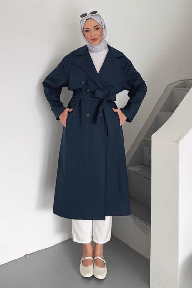Vêtements hijab BLEU MARINE TRENCH-COAT CEINTURÉ T 78852 - TRENDTESETTÜR