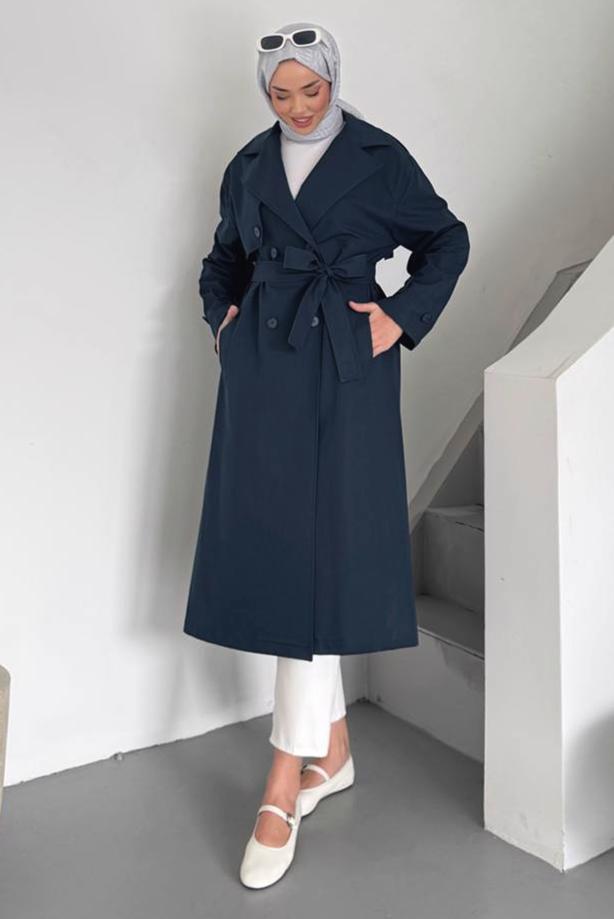 Vêtements hijab BLEU MARINE TRENCH-COAT CEINTURÉ T 78852 - TRENDTESETTÜR