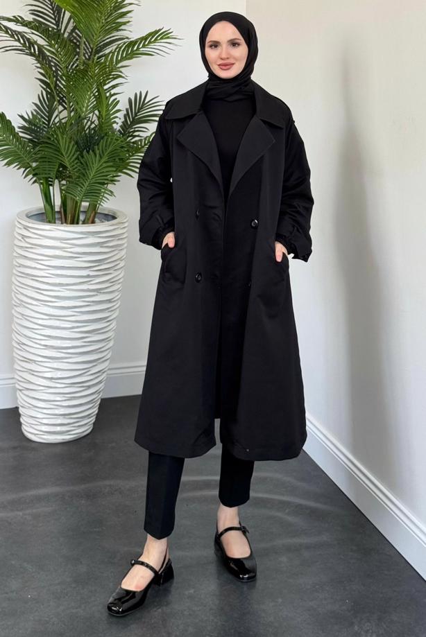 Vêtements hijab NOIR TRENCH CEINTURÉ T 8126 - TRENDTESETTÜR
