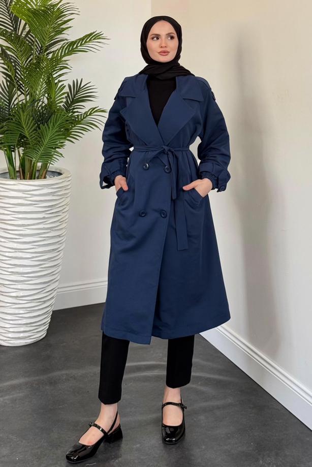 Vêtements hijab BLEU MARINE TRENCH CEINTURÉ T 8126 - TRENDTESETTÜR