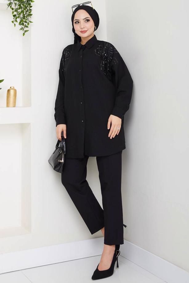 Vêtements hijab NOIR TUNIQUE À PAILLETTES EN COTON T 5467 - TRENDTESETTÜR