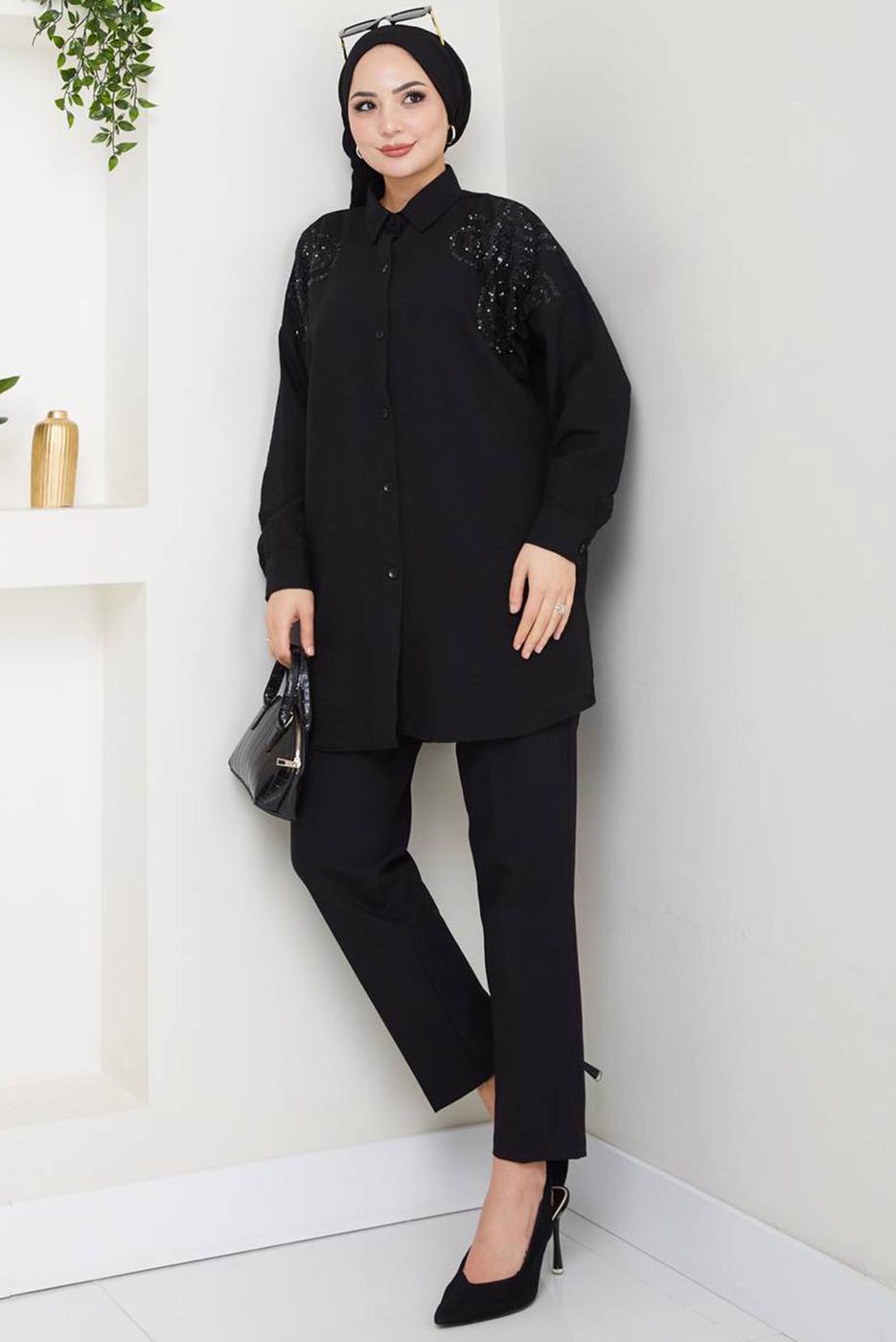 Vêtements hijab NOIR TUNIQUE À PAILLETTES EN COTON T 5467