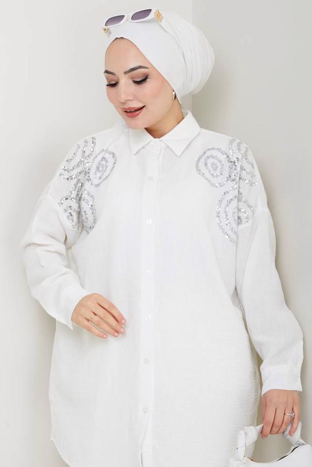 Vêtements hijab CRÈME TUNIQUE À PAILLETTES EN COTON T 5467 - TRENDTESETTÜR