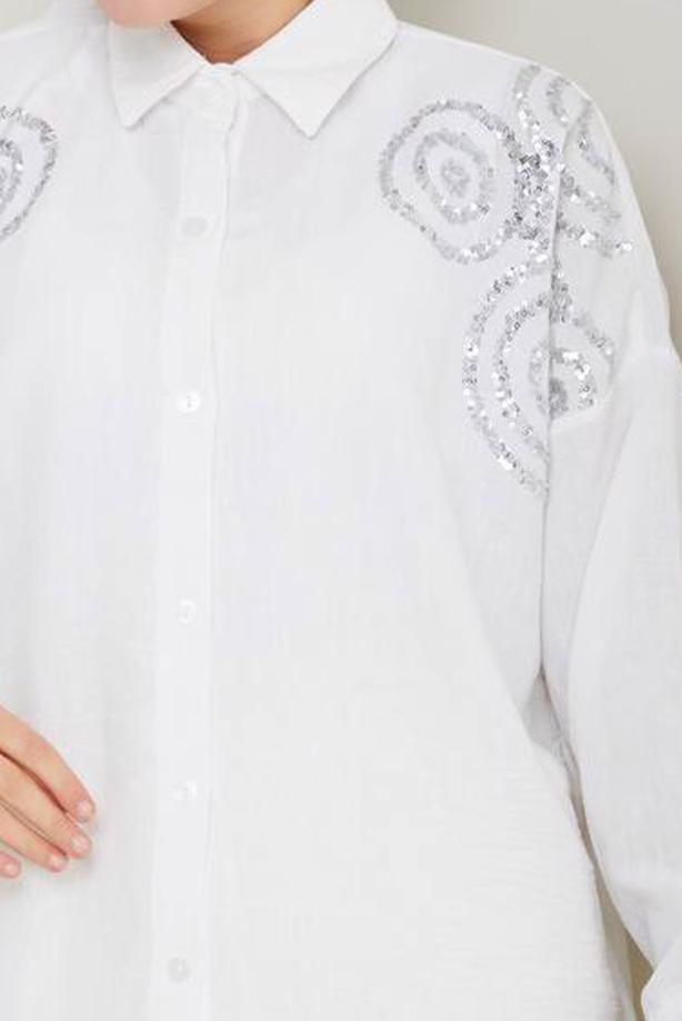 Vêtements hijab CRÈME TUNIQUE À PAILLETTES EN COTON T 5467 - TRENDTESETTÜR
