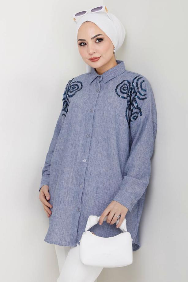 Vêtements hijab BLEU TUNIQUE À PAILLETTES EN COTON T 5467 - TRENDTESETTÜR