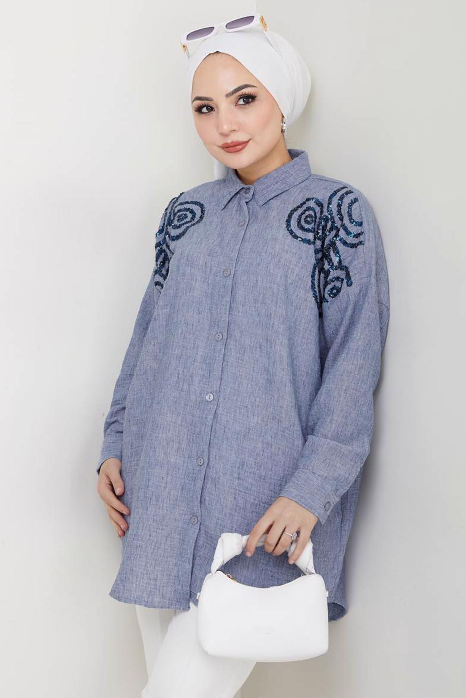 Tesettür giyim MAVİ PAMUKLU PAYETLİ TUNİK T 5467