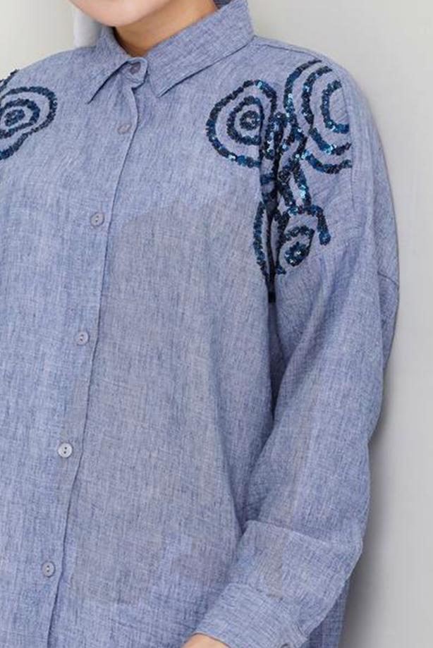 Vêtements hijab BLEU TUNIQUE À PAILLETTES EN COTON T 5467 - TRENDTESETTÜR