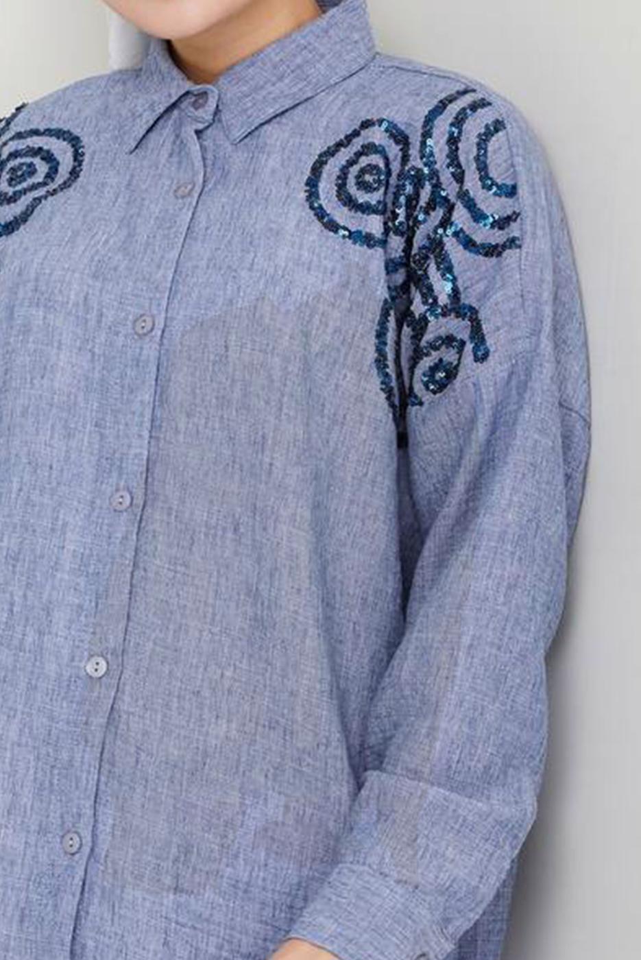 Tesettür giyim MAVİ PAMUKLU PAYETLİ TUNİK T 5467