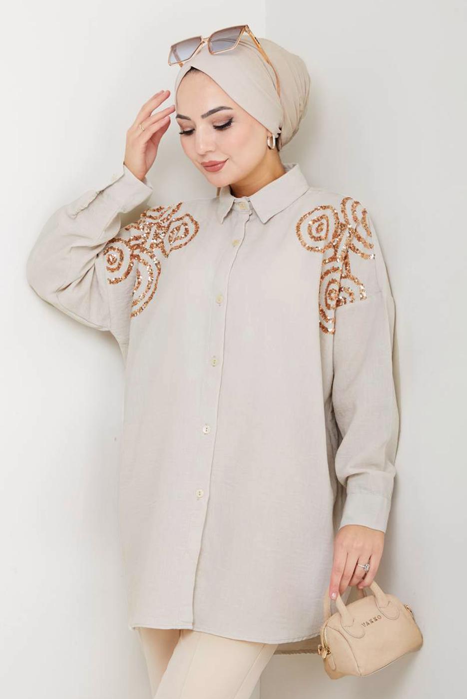 Vêtements hijab BEIGE TUNIQUE À PAILLETTES EN COTON T 5467