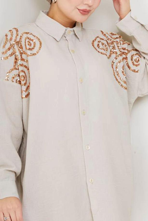 Vêtements hijab BEIGE TUNIQUE À PAILLETTES EN COTON T 5467 - TRENDTESETTÜR