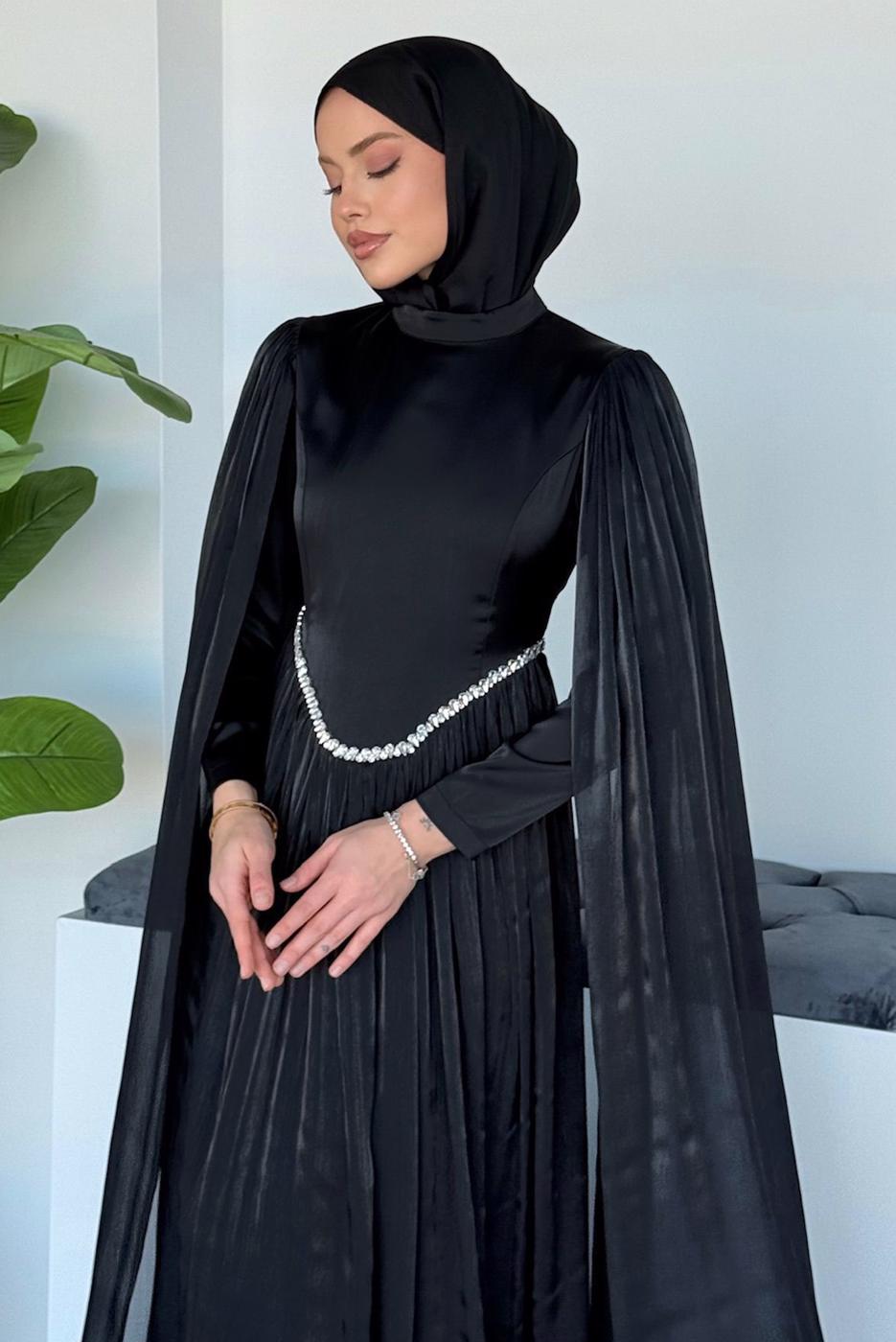 Tesettür giyim SİYAH TAŞ DETAYLI ABİYE ELBİSE T 2626