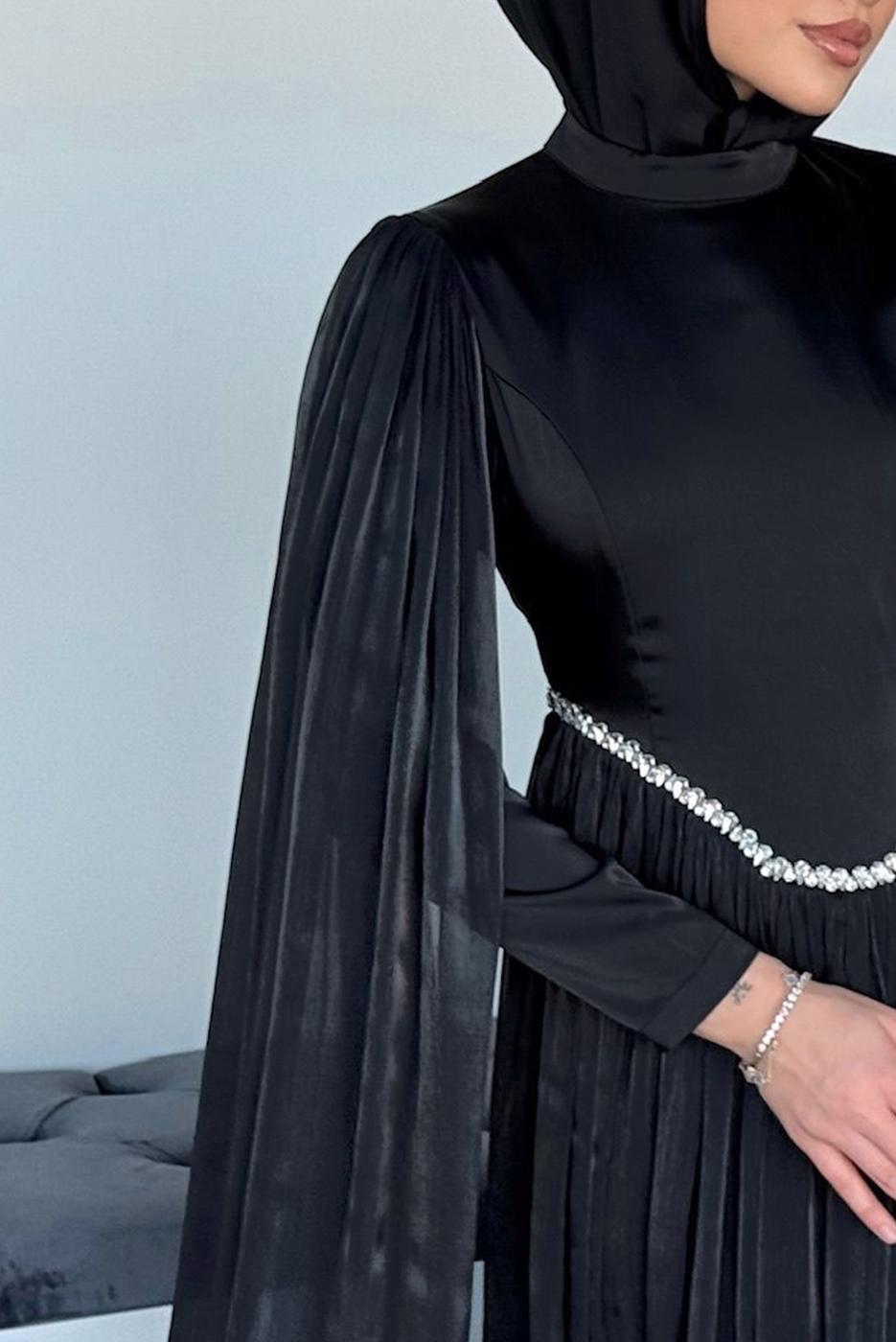 Tesettür giyim SİYAH TAŞ DETAYLI ABİYE ELBİSE T 2626
