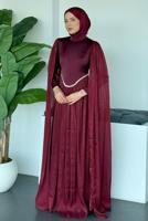 Tesettür giyim BORDO TAŞ DETAYLI ABİYE ELBİSE T 2626