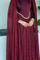 Tesettür giyim BORDO TAŞ DETAYLI ABİYE ELBİSE T 2626