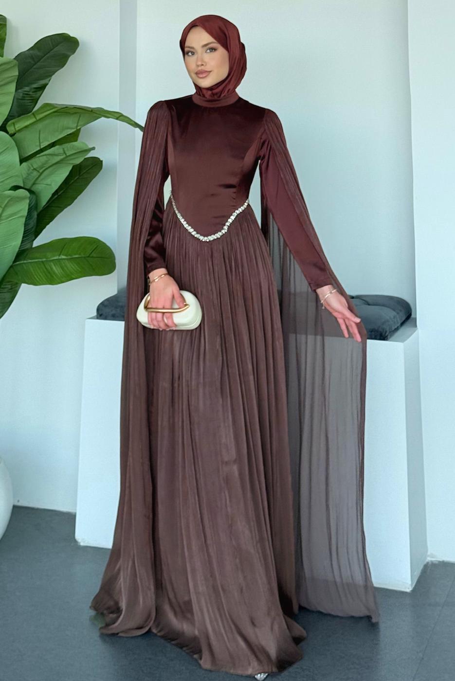 Tesettür giyim KAHVE TAŞ DETAYLI ABİYE ELBİSE T 2626