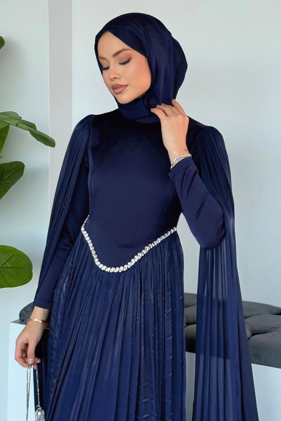 Tesettür giyim LACİVERT TAŞ DETAYLI ABİYE ELBİSE T 2626