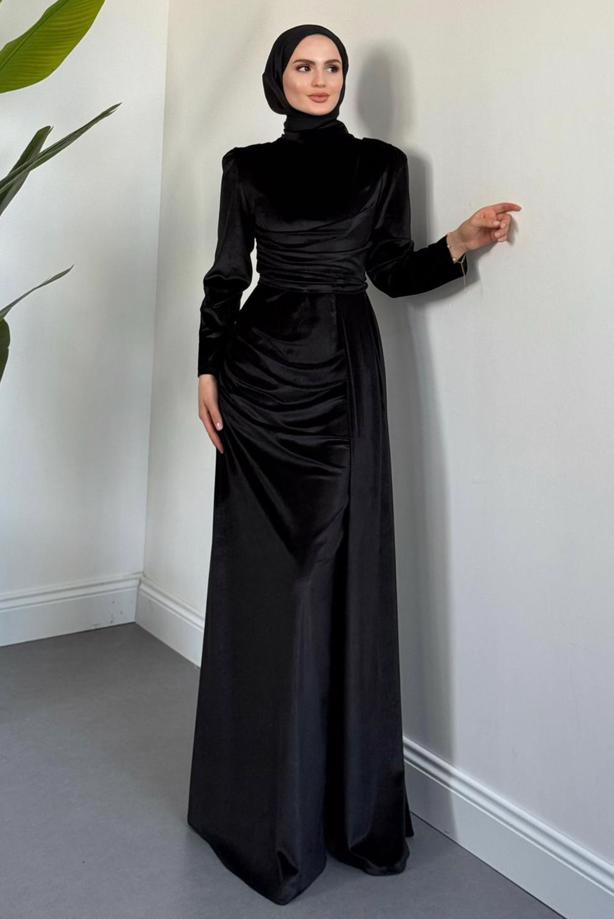 Tesettür giyim SİYAH KADİFE ABİYE ELBİSE T 4288 - TRENDTESETTÜR