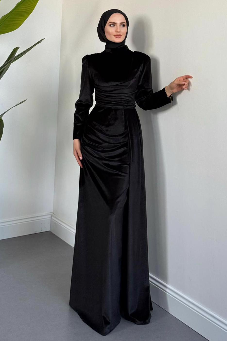 Tesettür giyim SİYAH KADİFE ABİYE ELBİSE T 4288