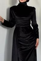 Tesettür giyim SİYAH KADİFE ABİYE ELBİSE T 4288