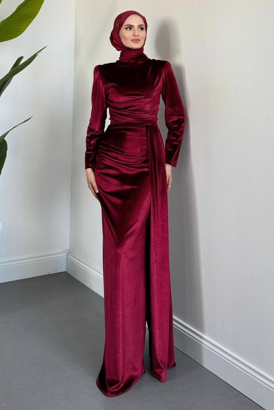 Tesettür giyim KIRMIZI KADİFE ABİYE ELBİSE T 4288