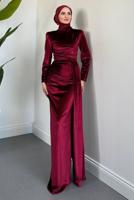 Tesettür giyim KIRMIZI KADİFE ABİYE ELBİSE T 4288