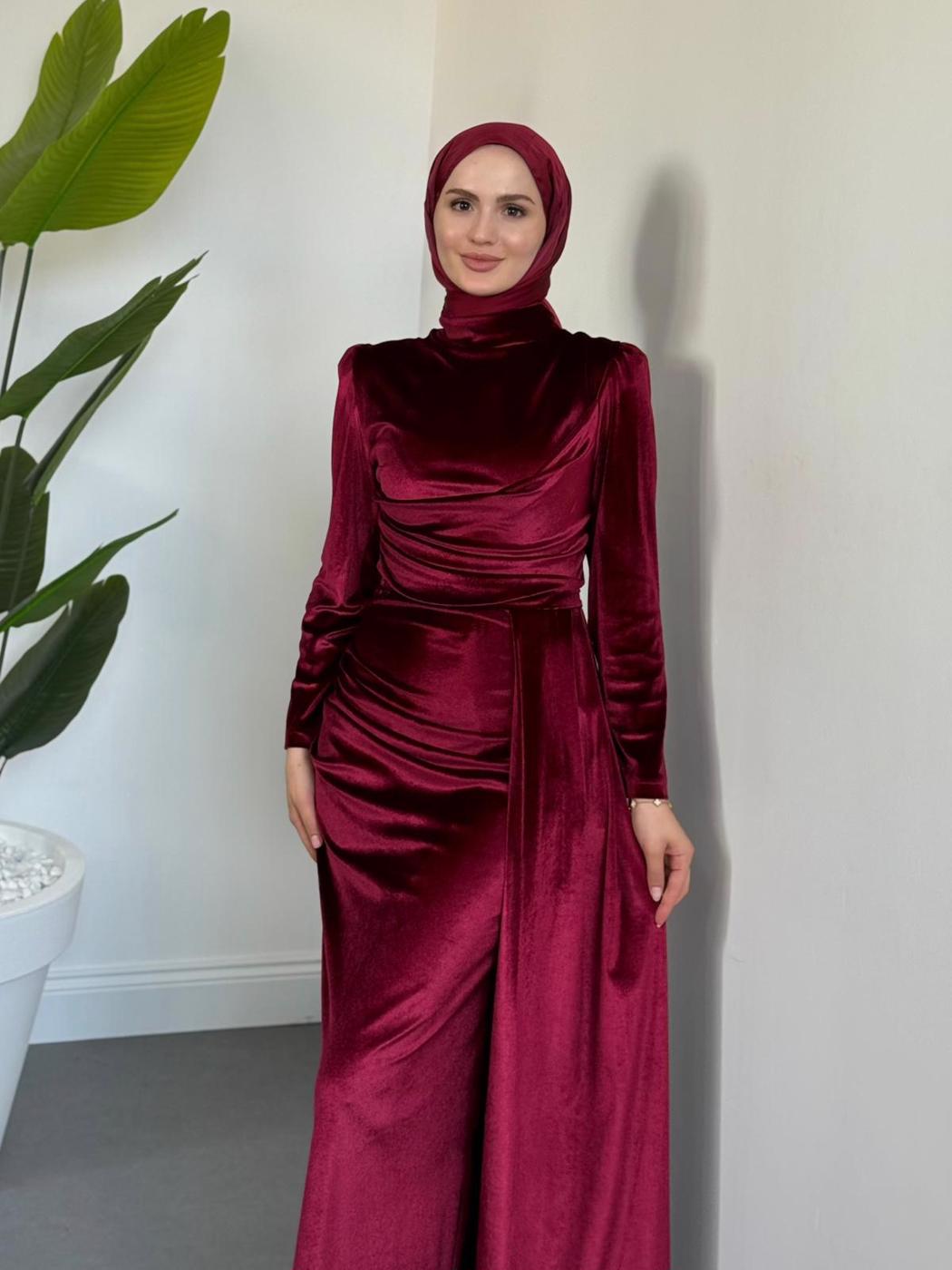 Tesettür giyim KIRMIZI KADİFE ABİYE ELBİSE T 4288