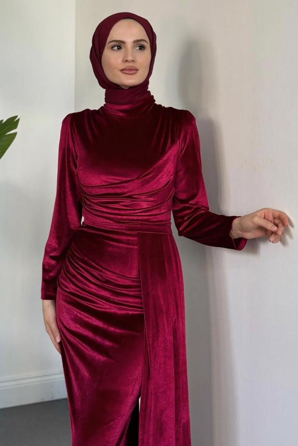 Tesettür giyim KIRMIZI KADİFE ABİYE ELBİSE T 4288 - TRENDTESETTÜR