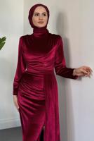 Tesettür giyim KIRMIZI KADİFE ABİYE ELBİSE T 4288