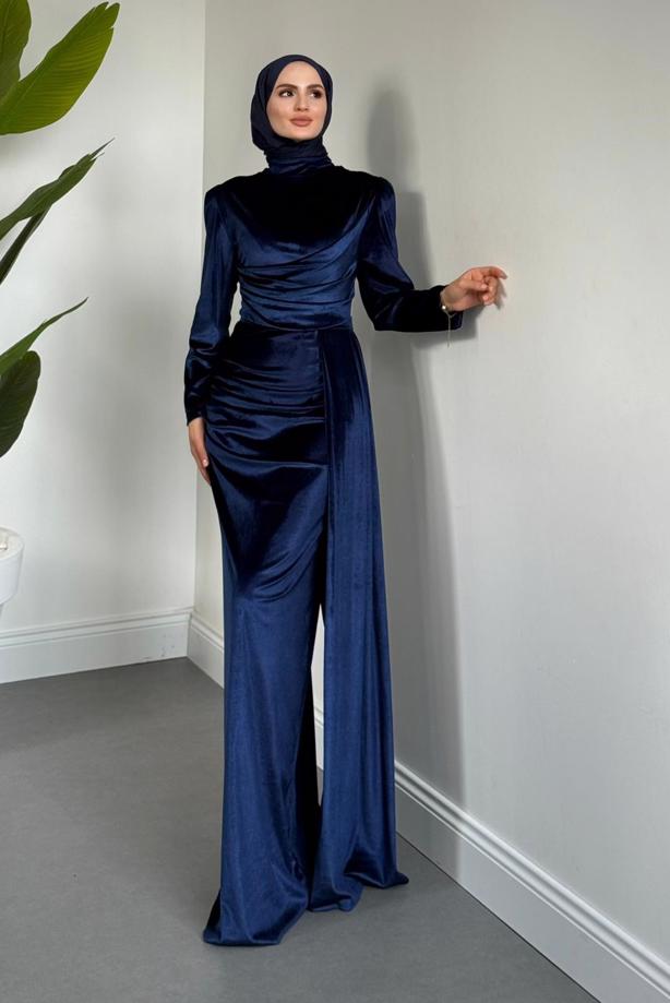 Tesettür giyim LACİVERT KADİFE ABİYE ELBİSE T 4288 - TRENDTESETTÜR
