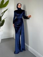 Tesettür giyim LACİVERT KADİFE ABİYE ELBİSE T 4288