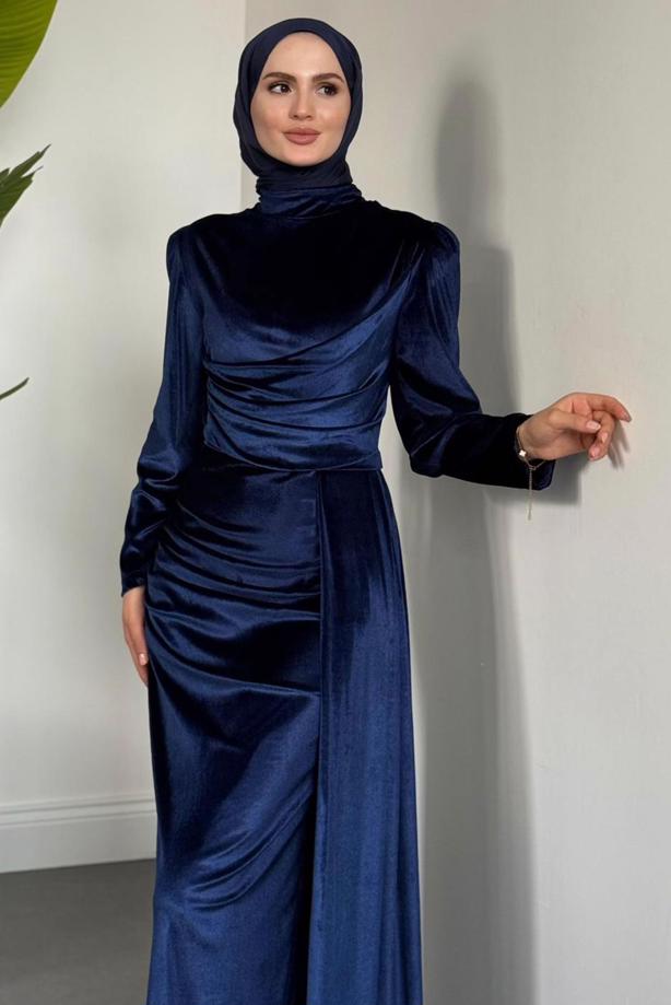 Tesettür giyim LACİVERT KADİFE ABİYE ELBİSE T 4288 - TRENDTESETTÜR