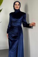 Tesettür giyim LACİVERT KADİFE ABİYE ELBİSE T 4288