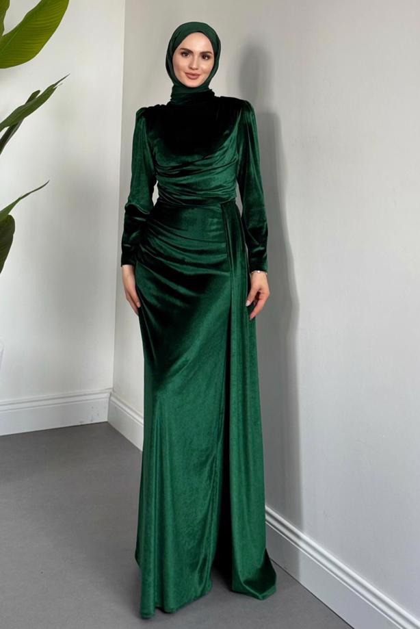 Tesettür giyim YEŞİL KADİFE ABİYE ELBİSE T 4288 - TRENDTESETTÜR
