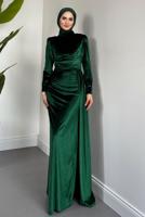 Tesettür giyim YEŞİL KADİFE ABİYE ELBİSE T 4288