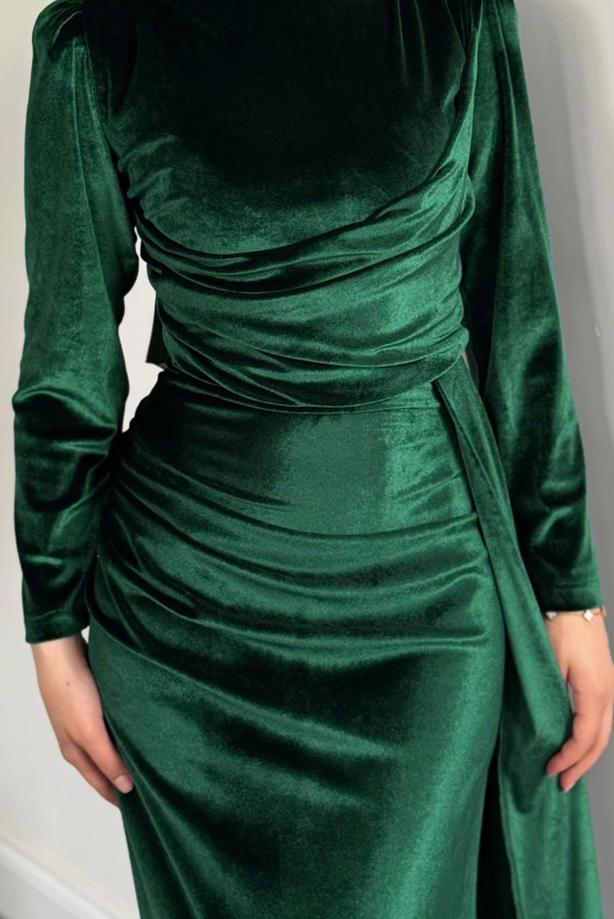 Tesettür giyim YEŞİL KADİFE ABİYE ELBİSE T 4288 - TRENDTESETTÜR