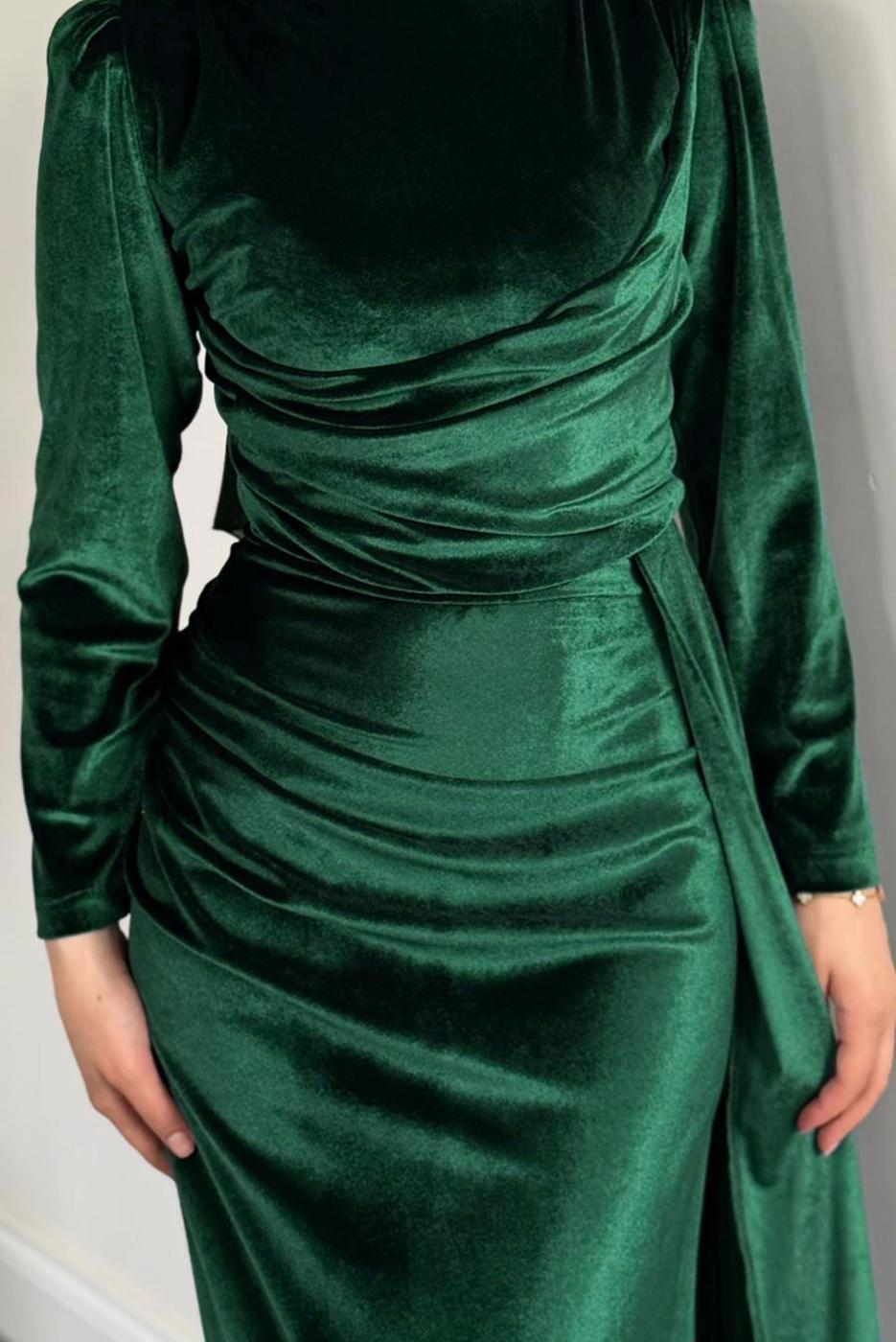 Tesettür giyim YEŞİL KADİFE ABİYE ELBİSE T 4288