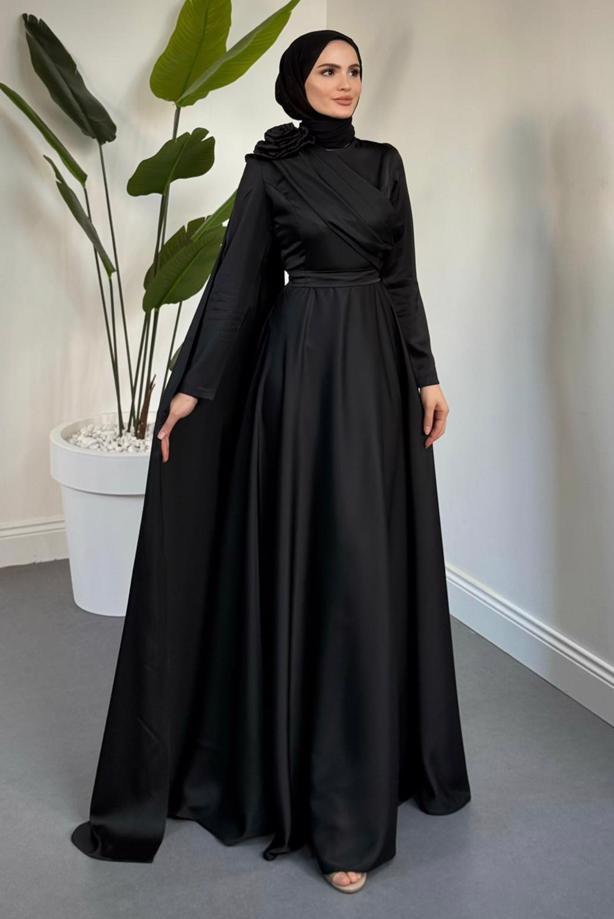 Vêtements hijab NOIR ROBE DE SOIRÉE DÉTAIL CAPE T 5535 - TRENDTESETTÜR