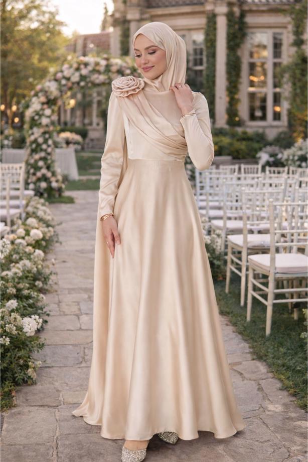 Vêtements hijab BEIGE ROBE DE SOIRÉE DÉTAIL CAPE T 5535 - TRENDTESETTÜR