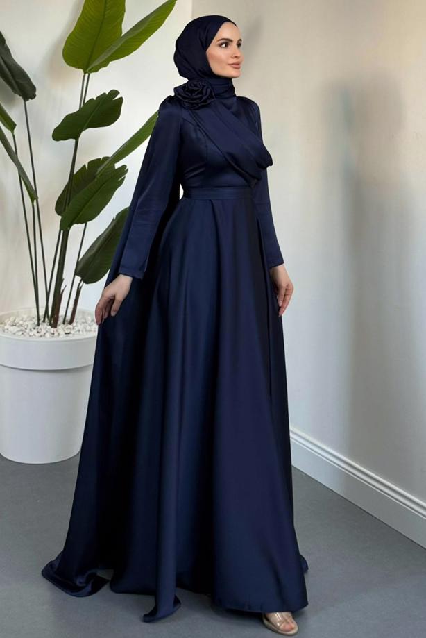 Vêtements hijab BLEU MARINE ROBE DE SOIRÉE DÉTAIL CAPE T 5535 - TRENDTESETTÜR