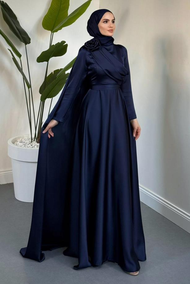Vêtements hijab BLEU MARINE ROBE DE SOIRÉE DÉTAIL CAPE T 5535 - TRENDTESETTÜR
