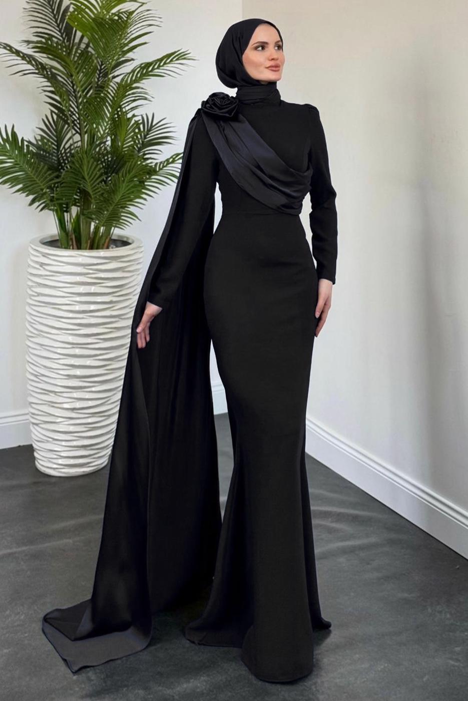 Vêtements hijab NOIR ROBE DE SOIRÉE AVEC DÉTAIL DE CAPE T 6535