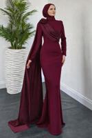 Vêtements hijab ROUGE BORDEAUX ROBE DE SOIRÉE AVEC DÉTAIL DE CAPE T 6535