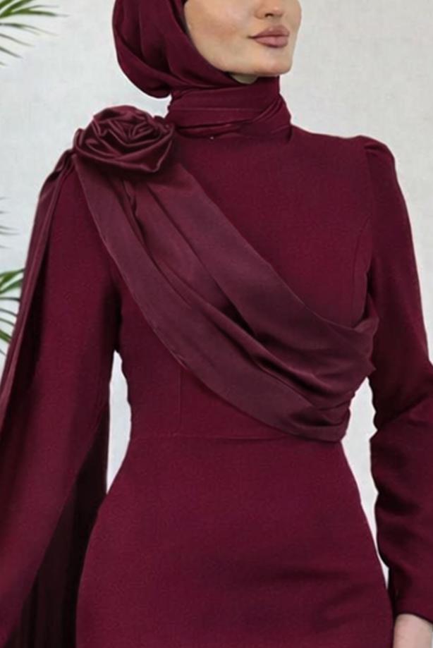 Vêtements hijab ROUGE BORDEAUX ROBE DE SOIRÉE AVEC DÉTAIL DE CAPE T 6535 - TRENDTESETTÜR